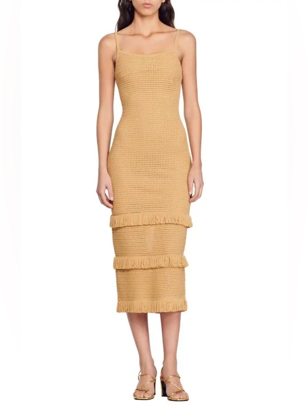 SANDRO Anvers Pointelle Knit Dress in Camel